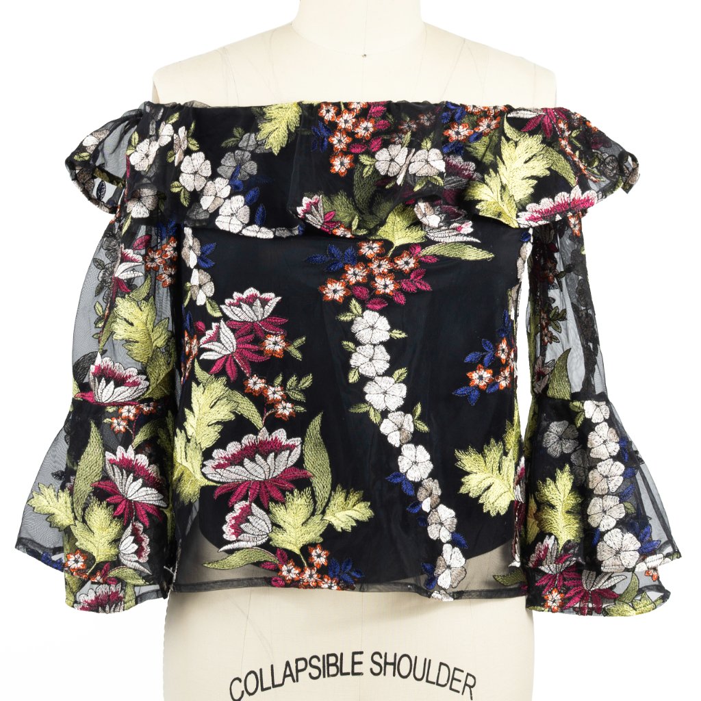 Amanda Uprichard Black Organza Floral Embroidered Off Shoulder Blouse Xs
